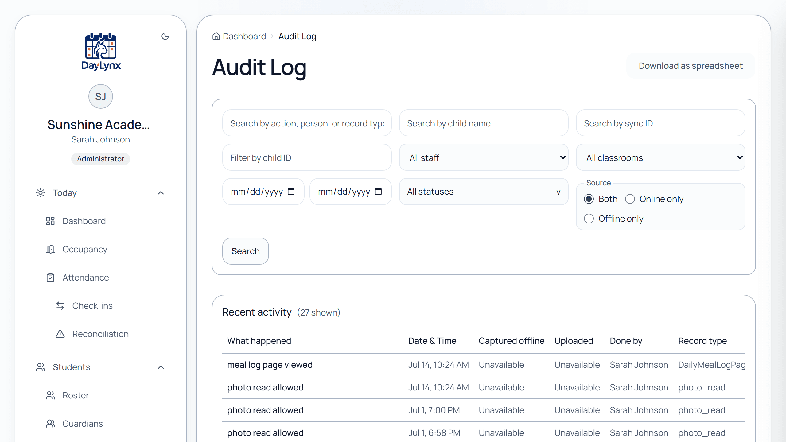 Audit log showing complete activity trail with search and CSV export