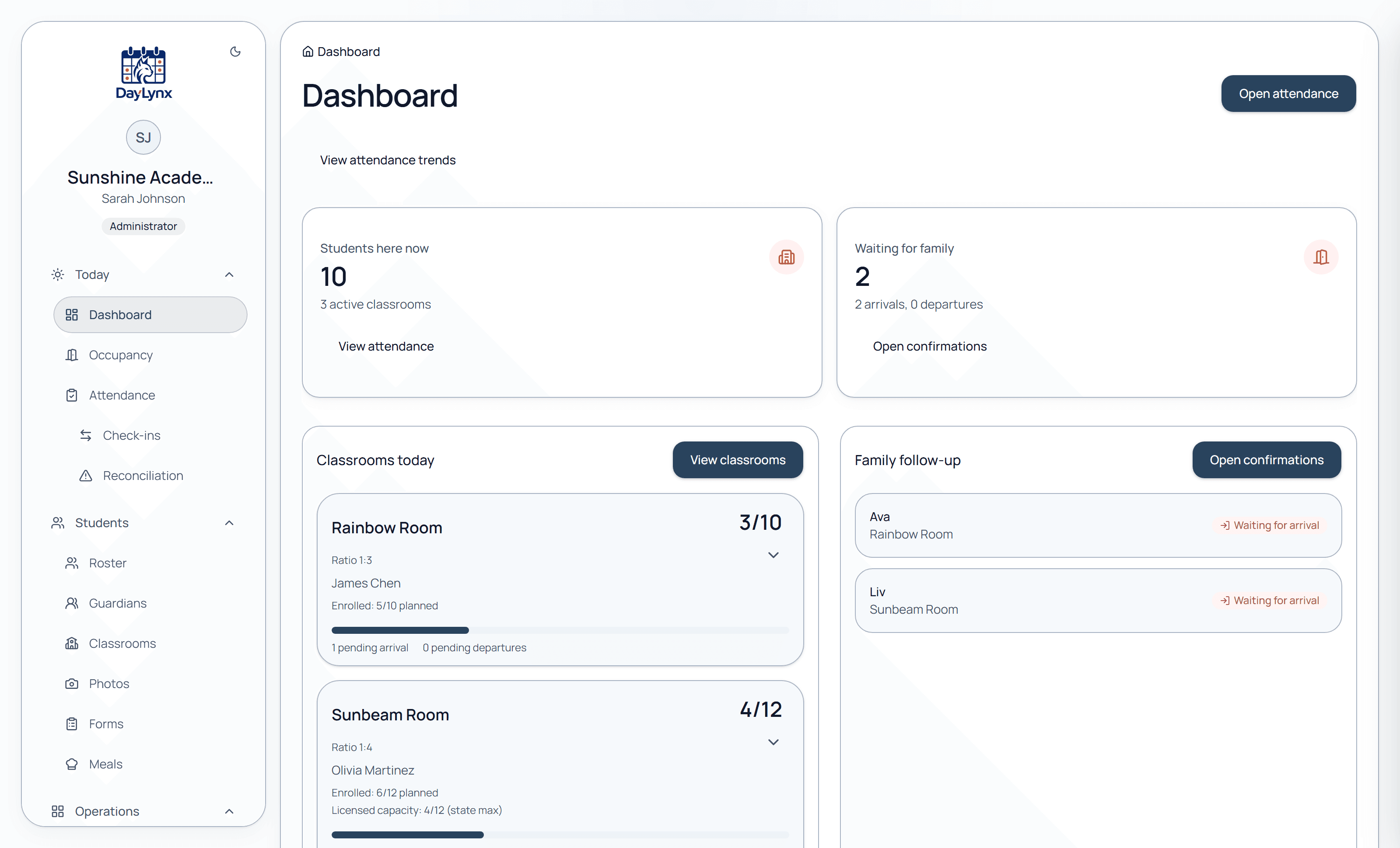 DayLynx dashboard showing live attendance, classroom occupancy, and pending confirmations